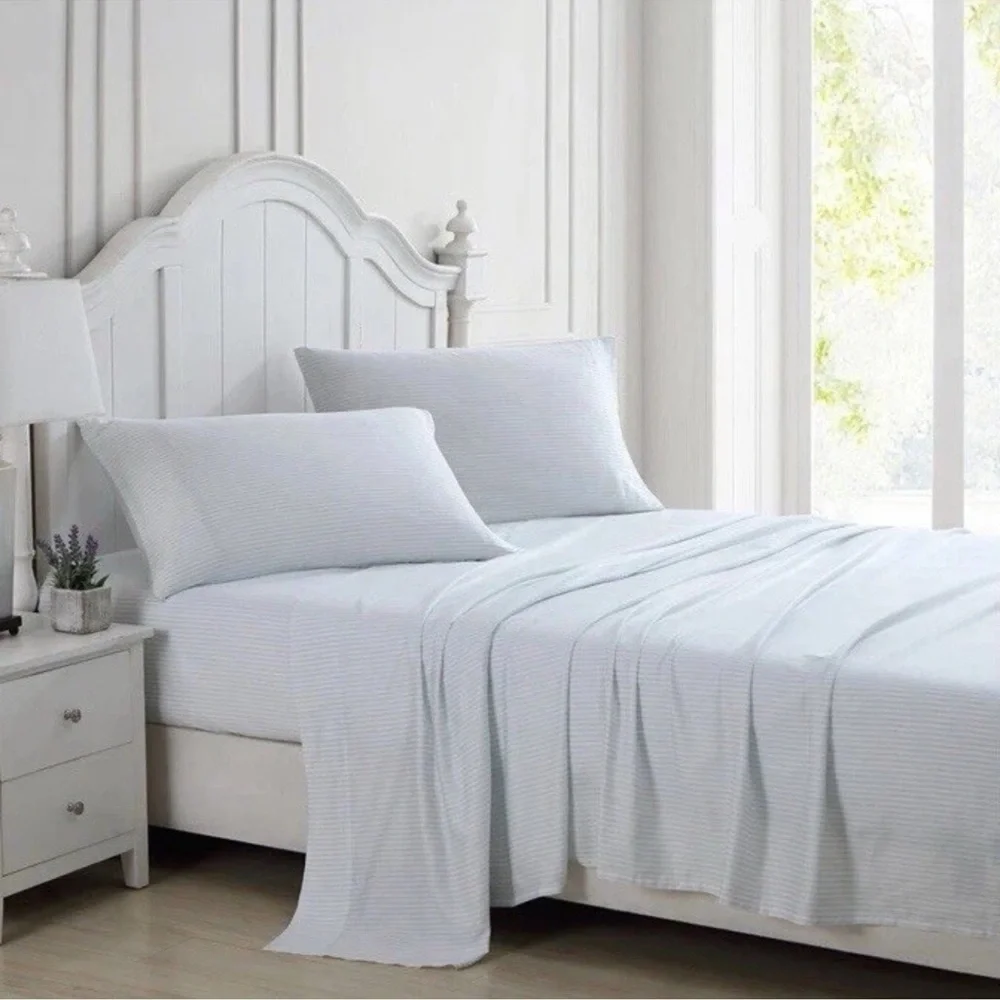Laura Ashley Ramona Queen Sheet Set NWT Blue White Stripe 300TC Cotton 4-Piece